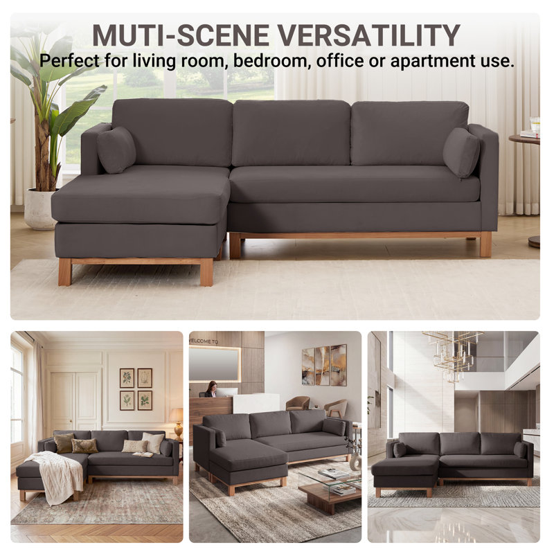 Mid-Century Boneless Modern L Shaped Couch With Reversible Chaise, Gray Velvet
