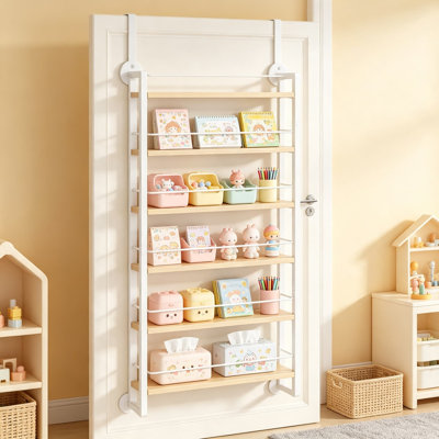 Over the Door Spice Organizer for Kitchen Cabinet Bathroom Closet, Wall Mounted Hanging Storage Rack with Adjustable Shelves, Natural Wood Finish