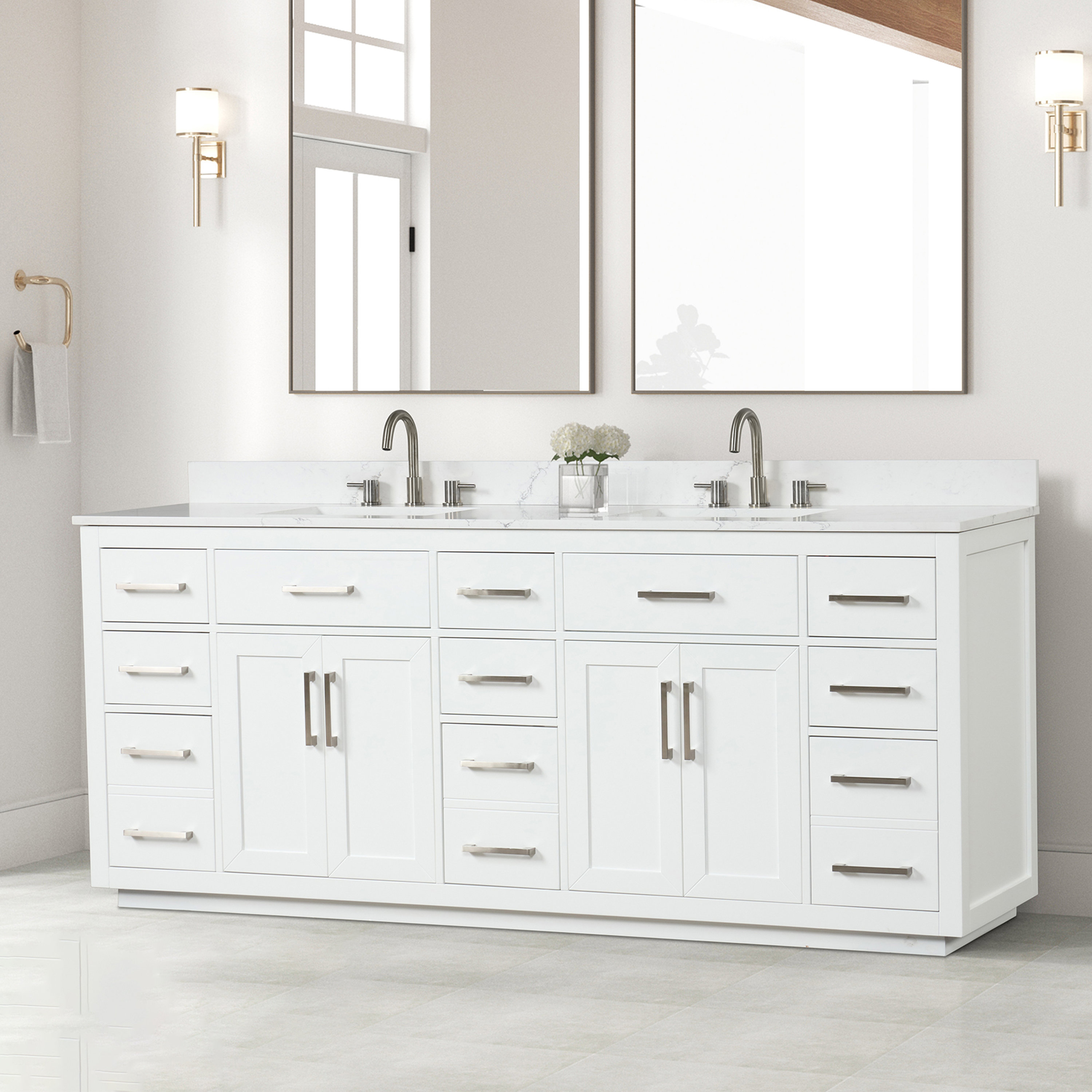 HBEZON 84'' Double Bathroom Vanity with White Quartz Top | Wayfair