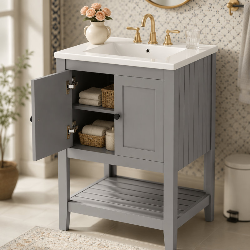 24" Modern Sleek Bathroom Vanity Elegant Ceramic Sink with Solid Wood Frame Open Style Shelf