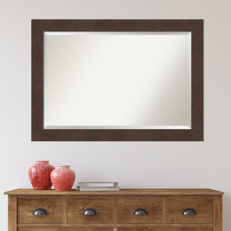 Woodgrain Walnut Brown Rectangular Bathroom Vanity Mirror with Silver Accents