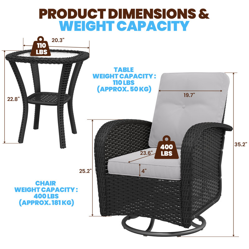 Ensemble de patio à bascule pivotant en osier 3 pièces avec coussins, Light Grey, Black