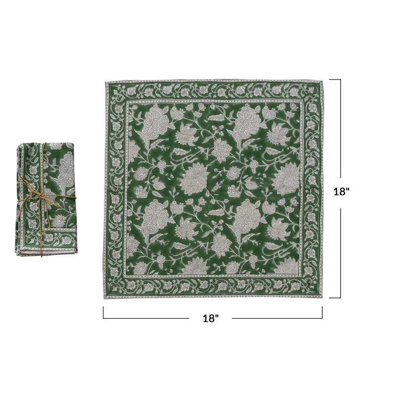 Serviettes en coton avec imprimé floral, Vert/blanc