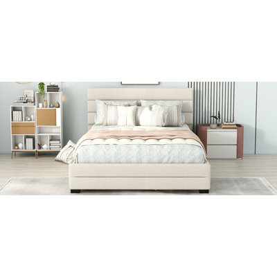 Grand lit plateforme tapissier avec lit gigogne simple et deux tiroirs
