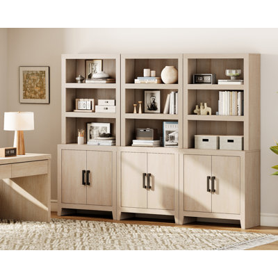 74" Tall Bookshelf With Door, Farmhouse Bookcase With Adjustable Shelf And Storage Cabinet, Library Wooden Bookshelf For Living Room, Office, Beige, Set Of 3