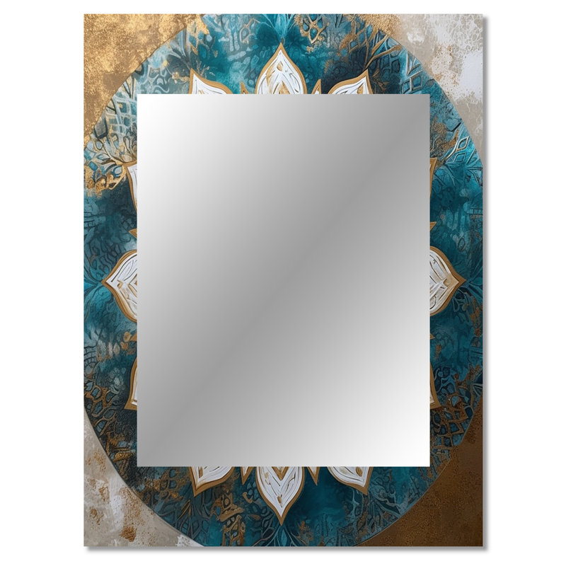 Teal And Gold Mandala II - Boho Mandala Decorative Mirror, Traditional Wall Mirror, Printed Metal Art, 40" x 30"