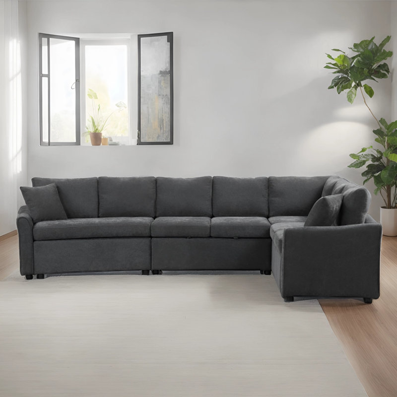 Canapé modulaire en chenille 4 pièces avec ports USB et lit escamotable Ivanovic, Gris chenille