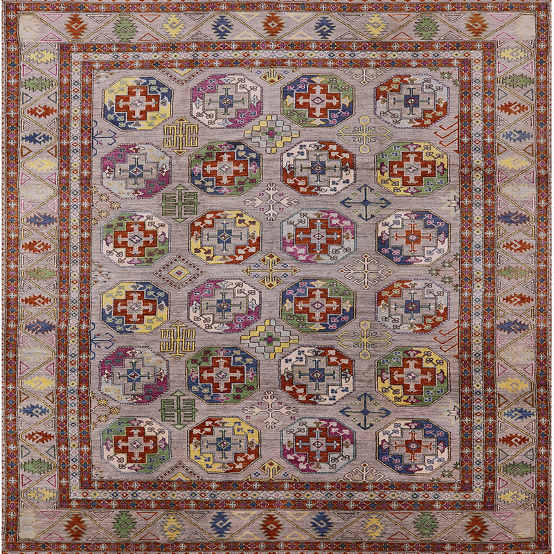Tapis géométrique brun / gris / bleu, Carré 5 pi