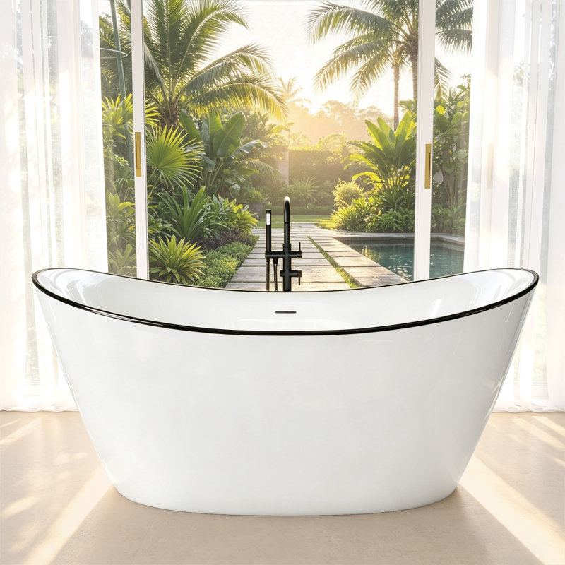 Baignoire de 51 po x 27 po en acrylique moderne autoportante, baignoire de trempage à bordure noire avec dossier double incliné, capacité de 37 gallons et ensemble de bonde