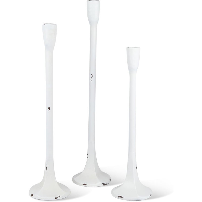 Set Of 3 White Iron Taper Candle Holders