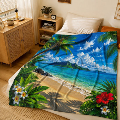 1Pcs Tropical Beach Print Flannel Blanket – Vibrant Island Scenery;Lush Greenery and Red Hibiscus Flower AccentsPerfect for Sofa, Couch, or BeddingAdds a Ambiance to Your Home DecorGreat Travel CampingFantastic Gift Idea.