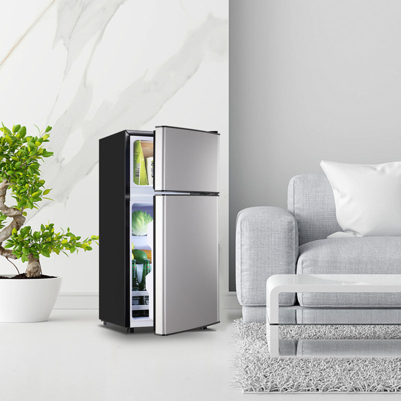 Compact Silver Dual Door Mini Fridge with Top Freezer