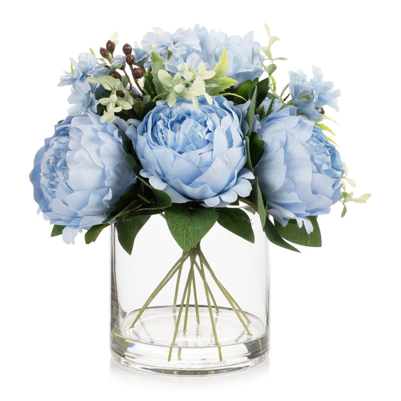 Mixed Artificial Peony Flower Arrangement In Glass Vase With Faux Water (blue), Blue