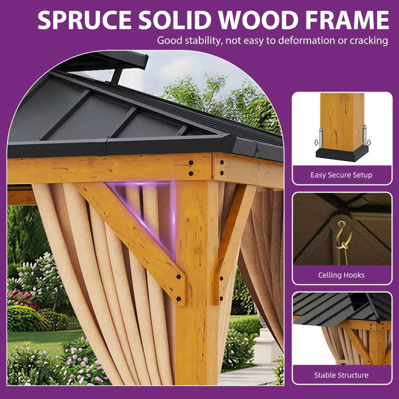 Solid wood gazebo with double hardtop and curtains, L 15 pi x P 13 pi