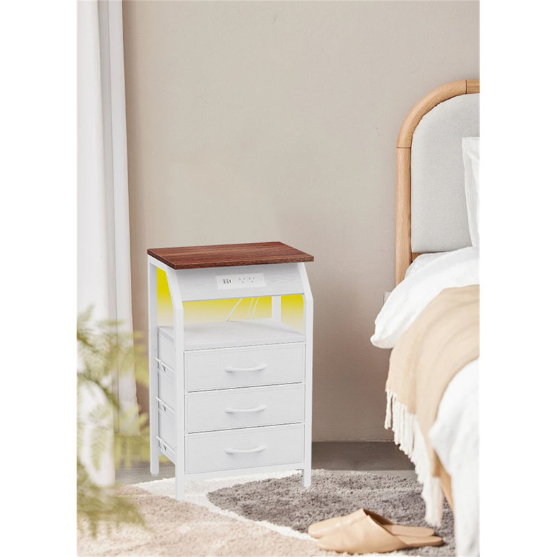 Drawer Side Table With Charging Station & LED Lights – Multifunctional Bedside Nightstand, White