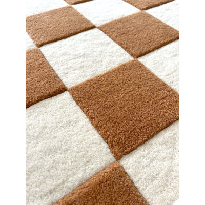 Hand Tufted Wool Checkered Area Rug in Terra/White