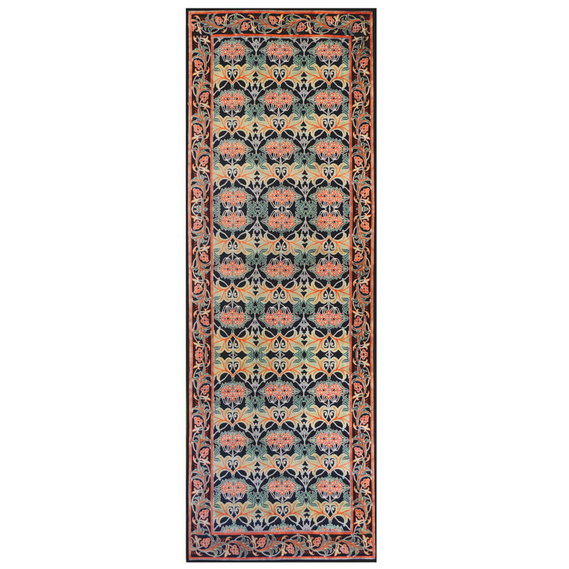 Square Black William Morris Machine Washable Area Rug with Built-in Padding Non-Slip Backing, Runner 2'6" x 10'