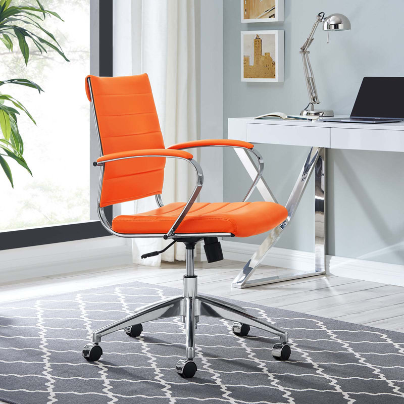 Orange Mesh and Leather Swivel Task Chair with Metal Frame