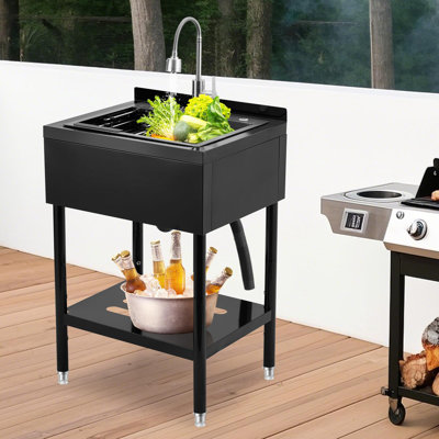 NSF Stainless Steel Utility Sink, Freestanding Single Bowl w/Storage Shelf, Hot & Cold Faucet, Drain Basket