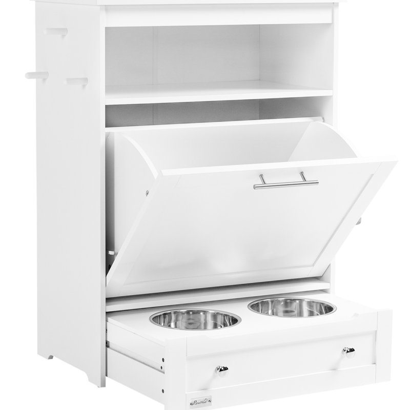 Armoire blanche pour animaux, contenant pour nourriture pour chien avec bols surélevés et cintre, rangement polyvalent: armoire pratique