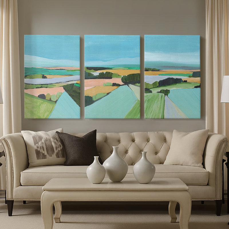 Bright Coloured Countryside I - Toile tendue avec châssis sur mesure - 3 pièces, H 12 po x l 24 po