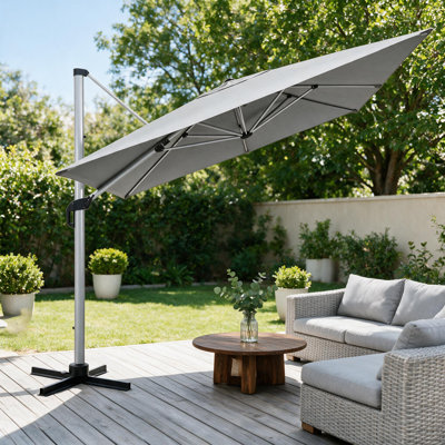 Parasol rectangulaire déporté en aluminium de 3,35 m x 3,35 m (11 pi x 11 pi) avec rotation à 360° et inclinaison réglable en continu pour terrasse, patio et jardin.