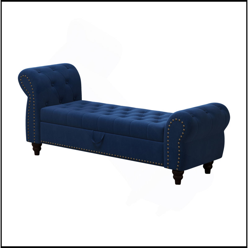 Banc de lit en velours capitonné avec rangement 64,5 po, Marine