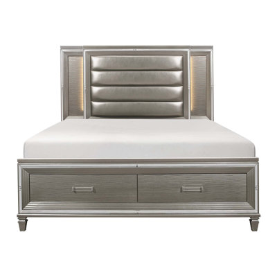 Très grand lit Glamour Eastern avec éclairage et rangement à DEL, finition gris argenté, fabrication en bois d'ingénierie (matelas non inclus)