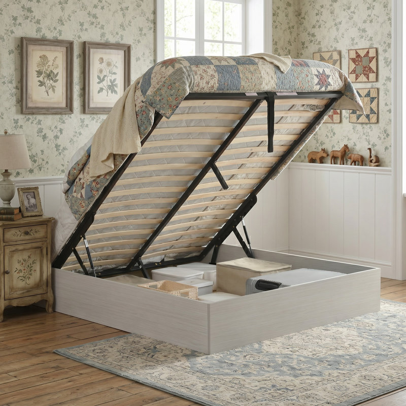 Structure de lit plateforme en bois avec rangement relevable, grand, blanc cassé rustique, Blanc cassé rustique, Grand lit
