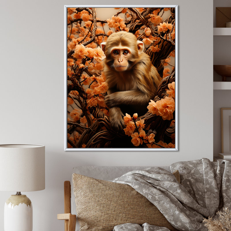 Palette d'automne brun - art mural singe, Cadre flottant blanc, H 32 po x l 24 po x P 1 po