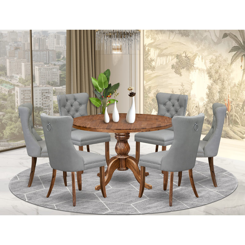 L'ensemble de salle à manger 7 pièces contient une table de salle à manger de style Mid-Century et 6 chaises en tissu de polyester gris clair avec dossier capitonné, noyer antique