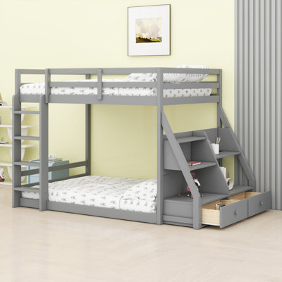Wooden Bunk Bed with LED Lights, USB Charging, Storage Shelves and Drawers
