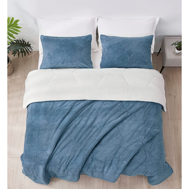 Double Sided Sherpa Reversible Comforter Set, Blue, Twin Comforter + 1 Standard Sham