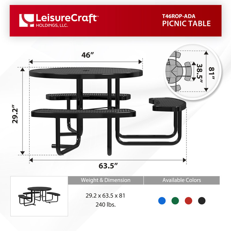 Leisure Craft 46" Round ADA Accessible Outdoor Picnic Table with 3 Bench Seats, Black