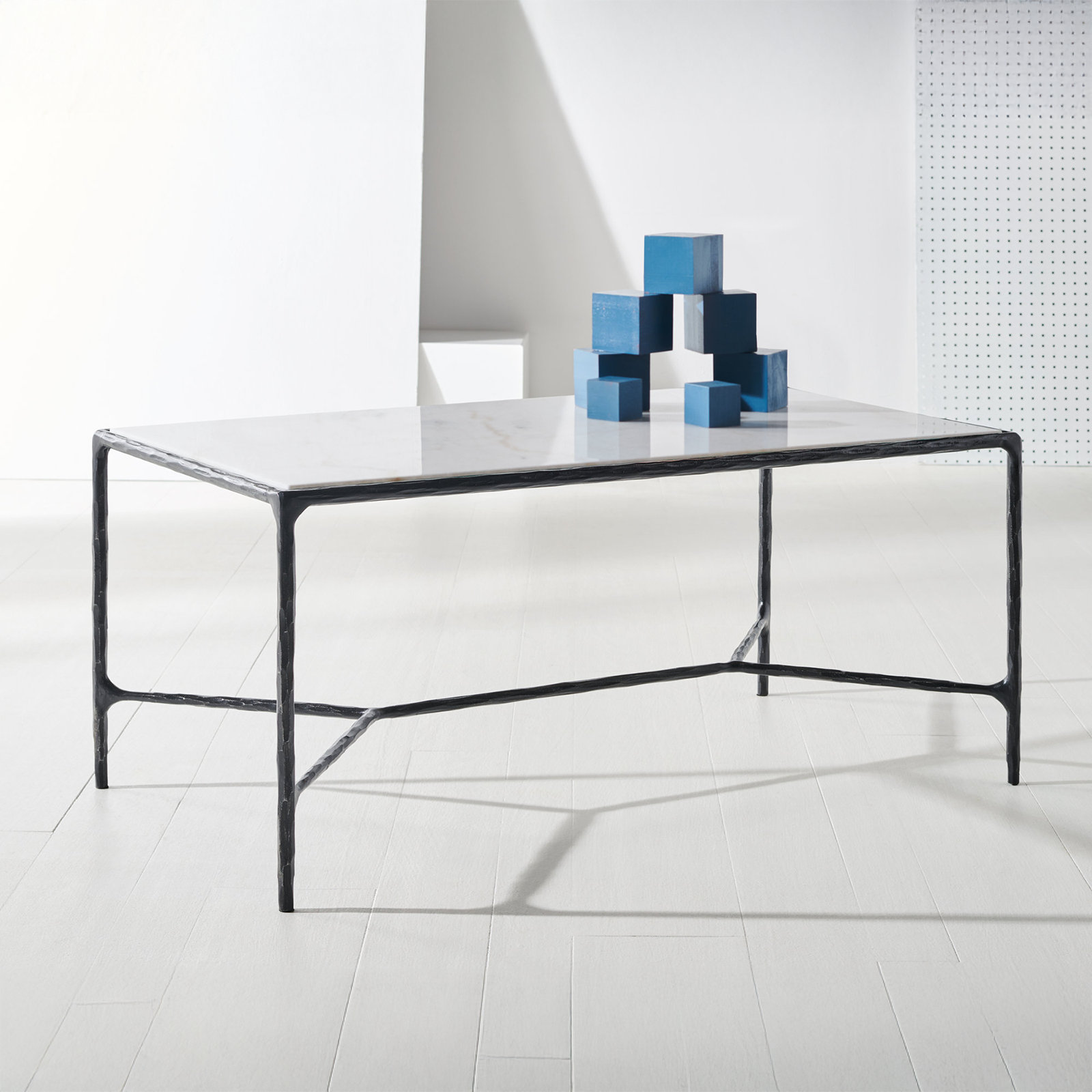 Evelynn 40" Glass Coffee Table, White Marble, Black