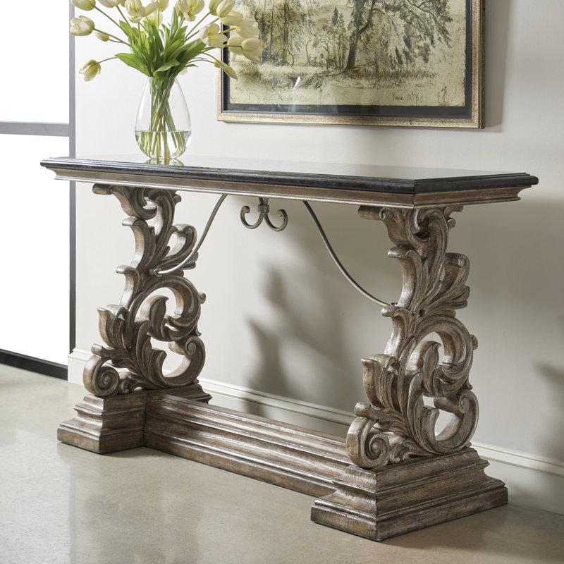 Traditional Black Marble Top Wood Console Table with Ornate Metal Base