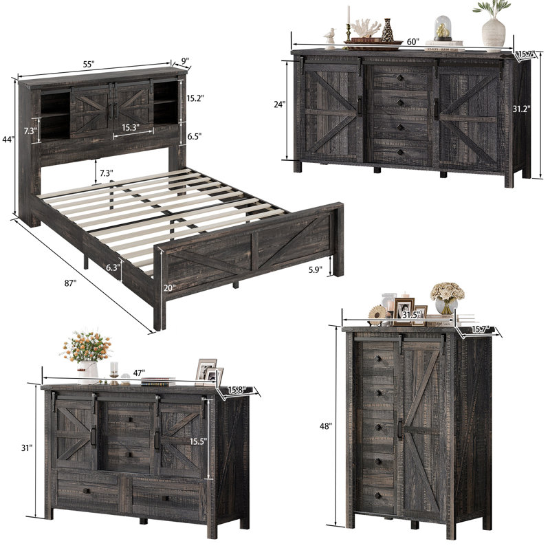  4-piece Farmhouse & Barn Door Design Bedroom Set, Full Size, Dark Oak, Dark Oak, Full / Double
