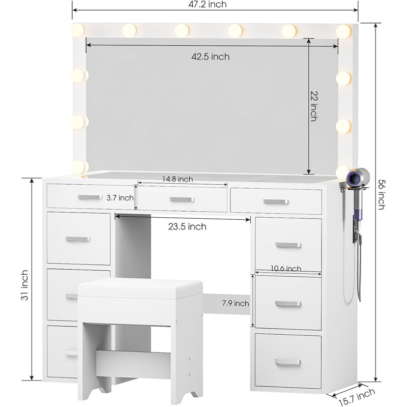Très grande coiffeuse 47,2 "avec tabouret, lumières, prise USB et 9 tiroirs, Blanc