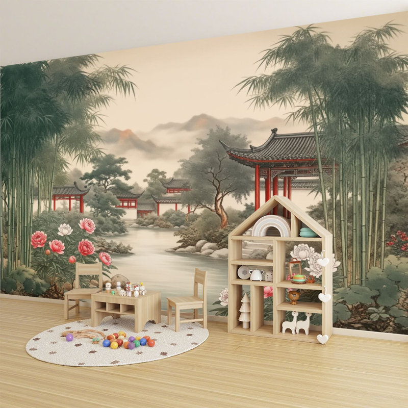 Papier peint adhésif auto-adhésif moderne L 96 po x l 69 po pour chambre à coucher Jardin chinois serein, Pivoines, pavillons, Misty Mountains