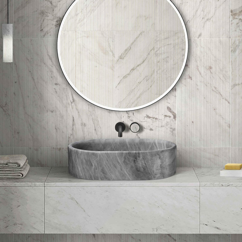 23.6" Natural Marble Bathroom Vessel Sink - Handcrafted, Polished Finish, 4 Color Variants, Luxury Design, Real Marble, 23.6X15.7X5.9 Inches