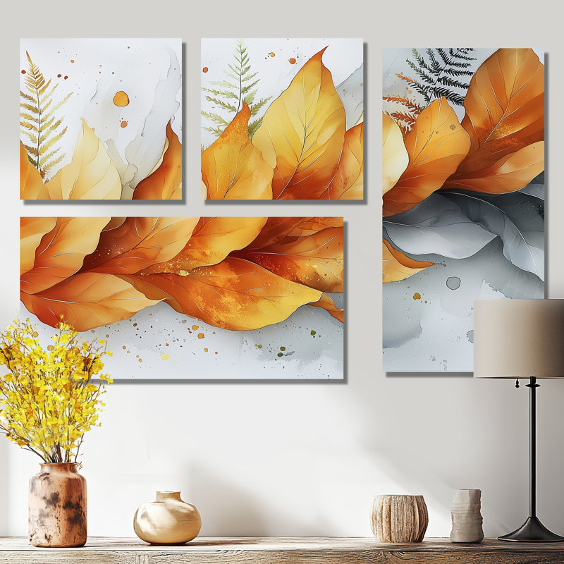 Velours orange fougères dansant de la tranquillité I - impression sur toile florale 4 pièces, Toile tendue, Ne s’applique pas
