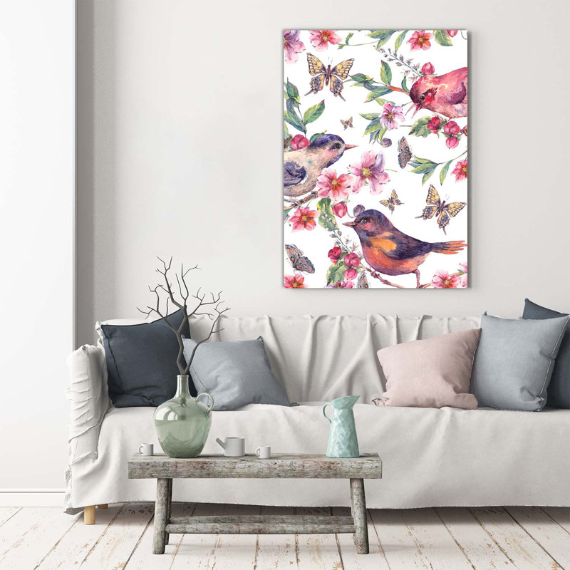 Birds Butterflies Flowers - Wrapped Canvas Print