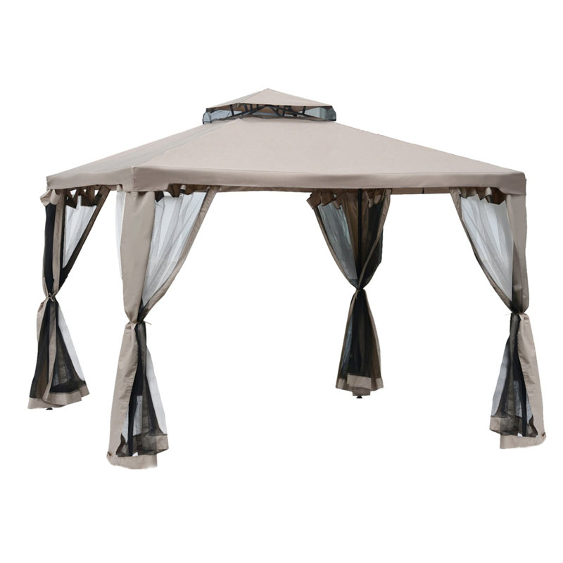 10' X 10' Gazebo Tent, Double Roof Outdoor Canopy Shelter, With Netting Fabric And Vented Roof, Steel Corner Frame For Garden, Lawn, Backyard, Taupe