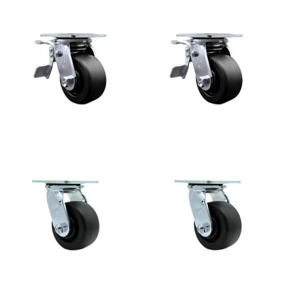 4 Inch Polyolefin Caster Set with Roller Bearing 2 Brakes 2 Rigid Service Caster