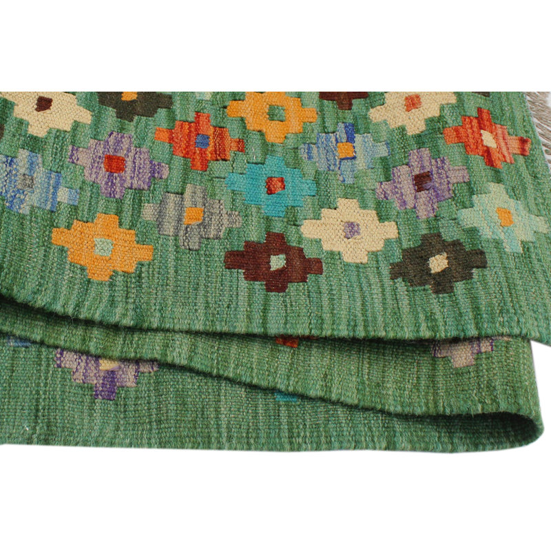 Tapis géométrique vert / bleu en laine noué à la main 2 pi 7 po x 4 pi 2 po Cedorah