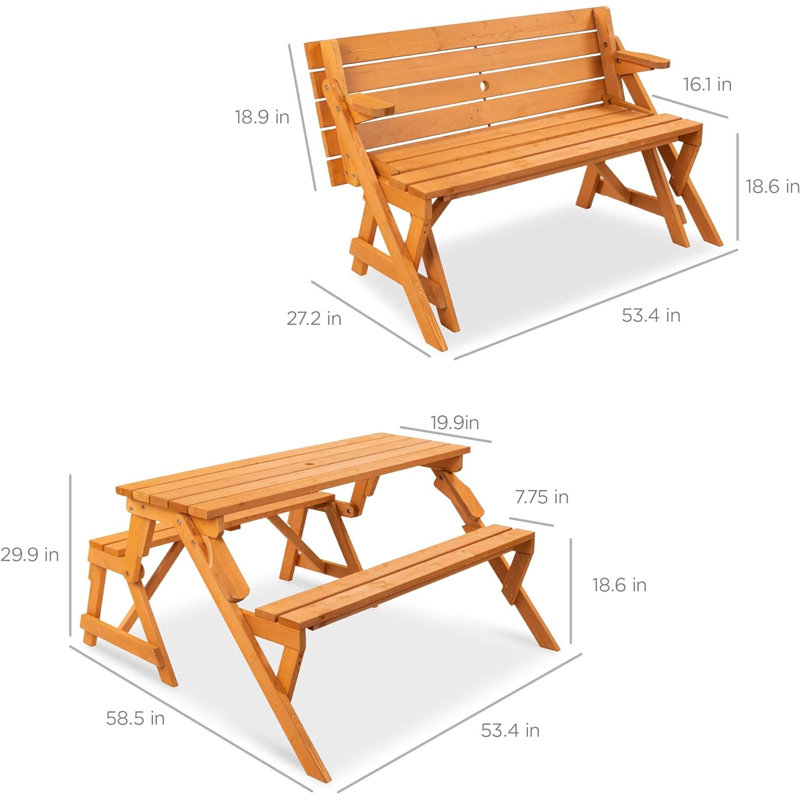 2-In-1 Transforming Interchangeable Outdoor Wooden Picnic Table Garden Bench For Backyard, Porch, Patio, Deck W/Umbrella Hole - Natural