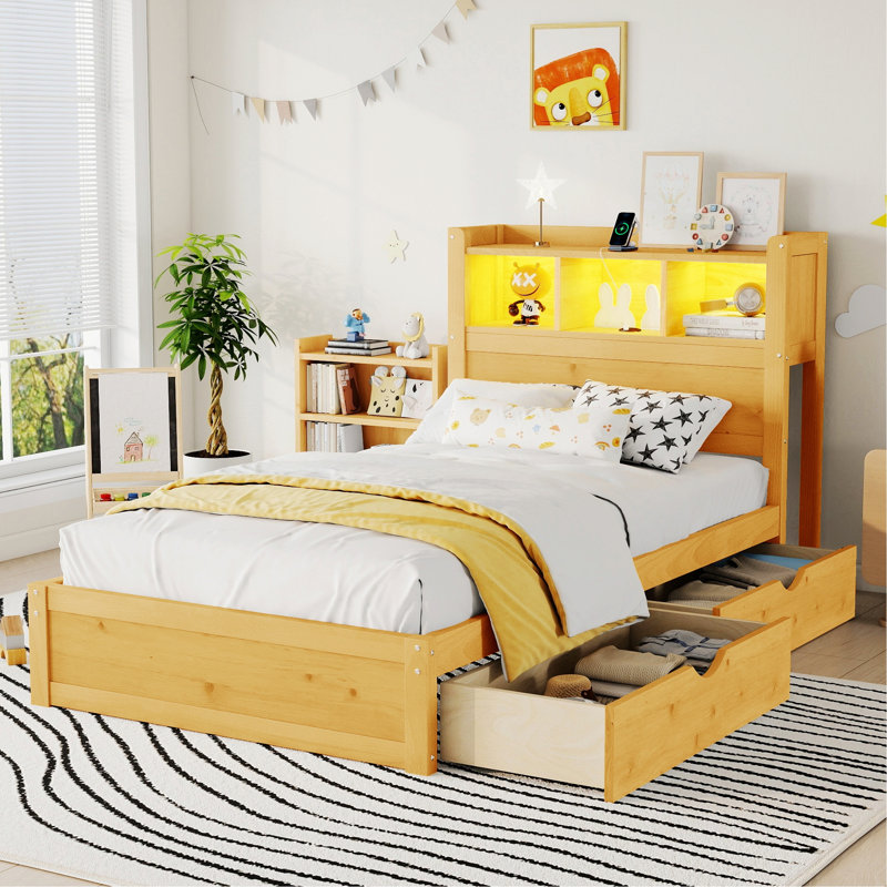 Platform Bed With Drawers, Wood Bed With Storage Headboard And Pull Out Storage Cabinet, Wood Bed With Light And Socket, Twin