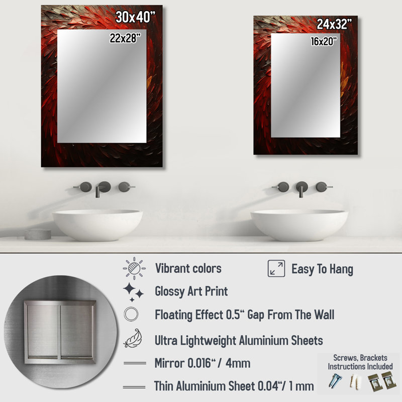 Red Whimsical Whirl Spiral - grand miroir mural abstrait en spirale, 32 po x 24 po