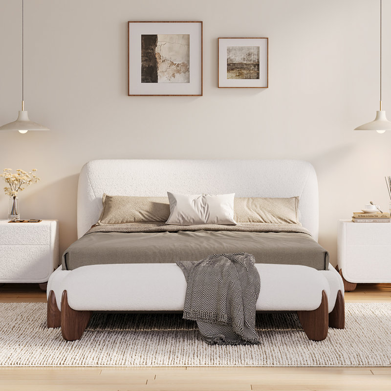 Cadre de lit plateforme blanc moderne Queen en bouclette avec tête de lit rembourrée ; sommier non requis, Grand lit