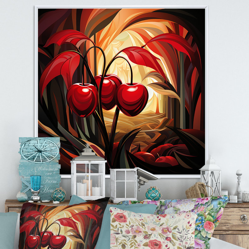 Summer Cherries Cubic Design II - Art mural cerise, Cadre flottant blanc, H 30 po x l 30 po x P 1,5 po